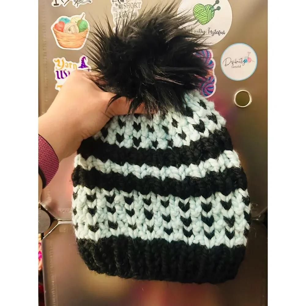 Hand Knit Into Your Heart Beanie: Cozy Winter Hat with Faux Fur Pom